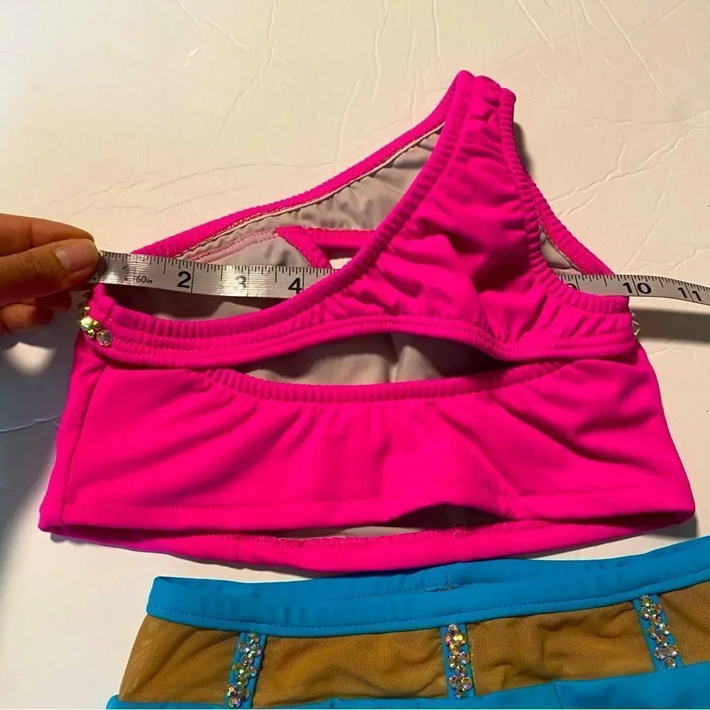 Custom made solo dance costume hot pink neon rhinestone 2 piece illusion 10